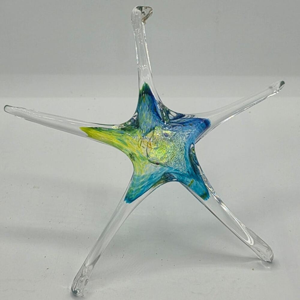Signed Luke Adams Hand Blown Art Glass Starfish Suncatcher Ornament Blue Green 8